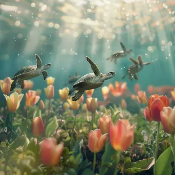 Sea turtles swimming in underwater tulips - Image 4