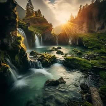 A thermal spring surrounded by mountains and waterfalls at golden hour. - Image 2