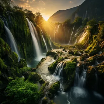 A thermal spring surrounded by mountains and waterfalls at golden hour. - Image 3