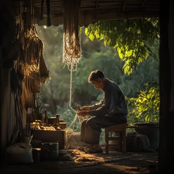 Traditional rope maker working in a natural farm setting - Image 2