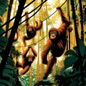 Illustration of Sumatran orangutans in green rainforest canopies - Image 1