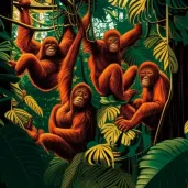 Illustration of Sumatran orangutans in green rainforest canopies - Image 4