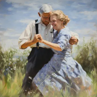 Elderly wartime couple dancing in a peaceful meadow, reflecting enduring love amidst turmoil - Image 1