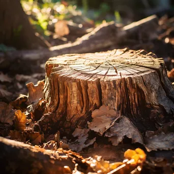 Close-up of an ancient tree stump with carvings in sunlight - Image 1