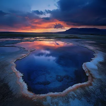 Deserted geothermal spring at twilight with colorful reflections. - Image 4