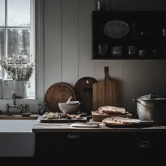 Warm and minimalist Scandinavian kitchen preparing a traditional Nordic Smörgåsbord - Image 1