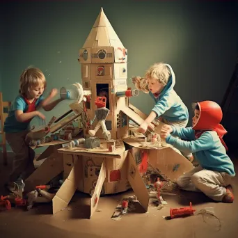 Children building a spaceship out of cardboard in an imaginative scene - Image 3