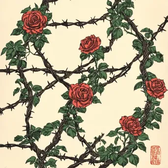 Woodblock print of barbed wire intertwined with blooming roses, symbolizing transformation from conflict to beauty - Image 1