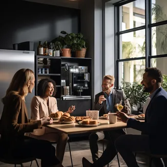 Employees chatting in an office break room with coffee and snacks - Image 1