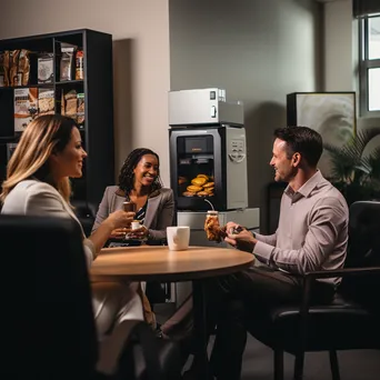 Employees chatting in an office break room with coffee and snacks - Image 3