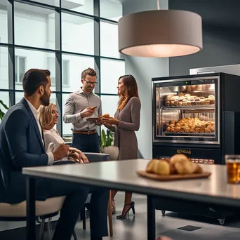 Employees chatting in an office break room with coffee and snacks - Image 4