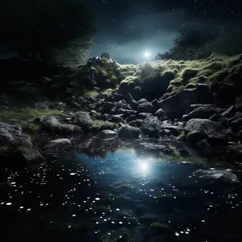 Natural spring illuminated by moonlight with stars above - Image 1