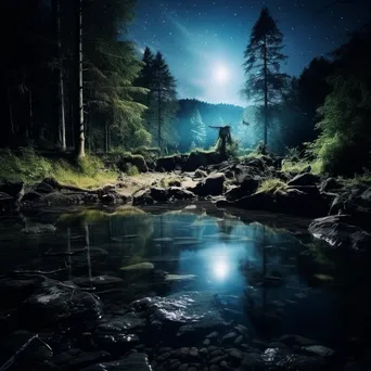 Natural spring illuminated by moonlight with stars above - Image 3