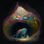 Underground cavern illuminated by glowing crystals with a sleeping dragon - Image 2