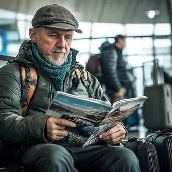 Traveler Reading Magazine at Airport Gate