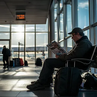 Traveler reading travel magazine at airport gate. - Image 3