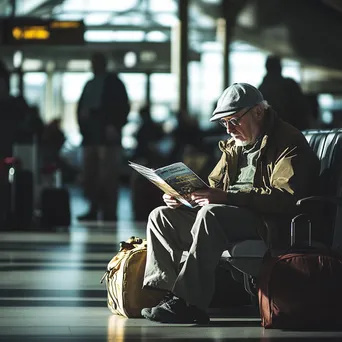 Traveler reading travel magazine at airport gate. - Image 4