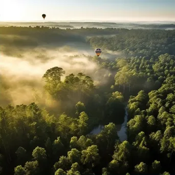 Hot air balloon ride over a misty forest canopy with sunlight filtering through the trees - Image 2