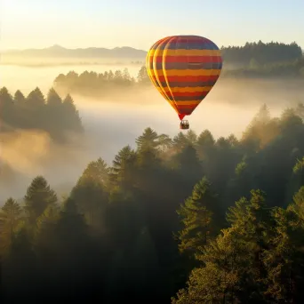 Hot air balloon ride over a misty forest canopy with sunlight filtering through the trees - Image 4