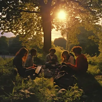 Group of teenagers sitting in a park absorbed in their smartphones as the sun sets - Image 1