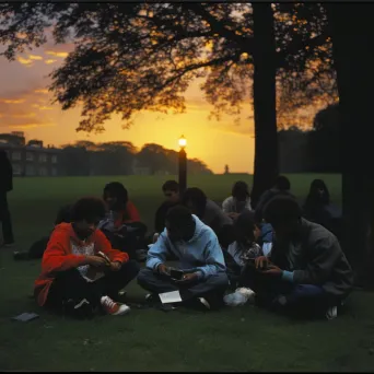 Group of teenagers sitting in a park absorbed in their smartphones as the sun sets - Image 3