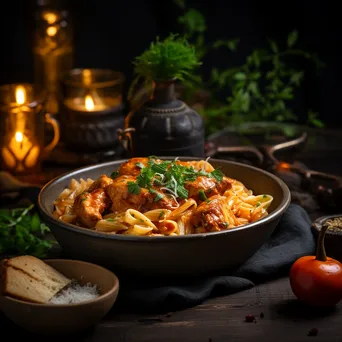 Fusion dish of butter chicken pasta in a rustic bowl - Image 1