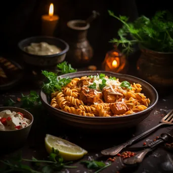 Fusion dish of butter chicken pasta in a rustic bowl - Image 2