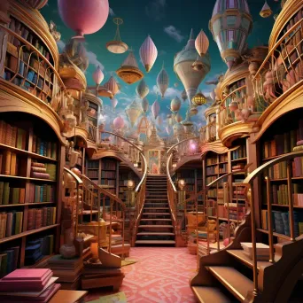 Fantasy library with flying books opening to reveal immersive 3D stories of fairy tales and novels - Image 1