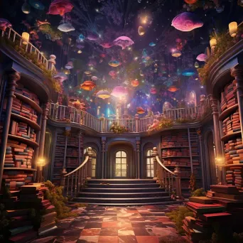 Fantasy library with flying books opening to reveal immersive 3D stories of fairy tales and novels - Image 2