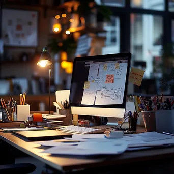 Busy office desk with paperwork and computer under dramatic light - Image 4