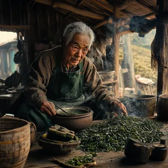 Older farmer demonstrating traditional tea processing in a barn - Image 1