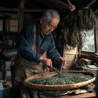 Older farmer demonstrating traditional tea processing in a barn - Image 2