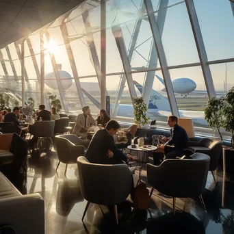 A busy airport lounge with business professionals conversing - Image 1