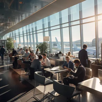 A busy airport lounge with business professionals conversing - Image 3