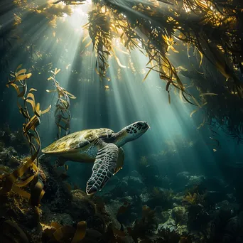 Sea turtle gliding through kelp forest underwater - Image 1