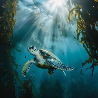 Sea turtle gliding through kelp forest underwater - Image 3