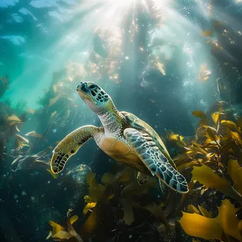 Sea turtle gliding through kelp forest underwater - Image 4