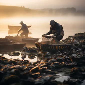 Fisherman harvesting oysters in early morning mist - Image 2