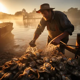 Fisherman harvesting oysters in early morning mist - Image 3