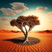 Single tree in the middle of a vast, empty desert under a blazing sun - Image 1