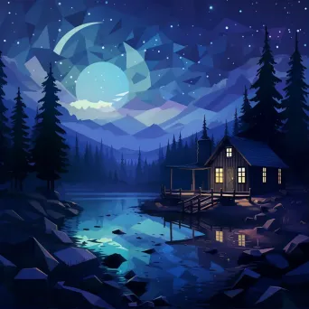 Low poly depiction of a starry night over a solitary cabin - Image 1