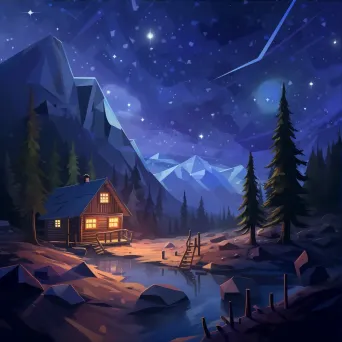 Low poly depiction of a starry night over a solitary cabin - Image 3