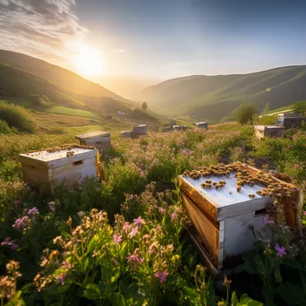 Rolling hills with traditional apiaries at sunrise, surrounded by flowers and bees. - Image 1