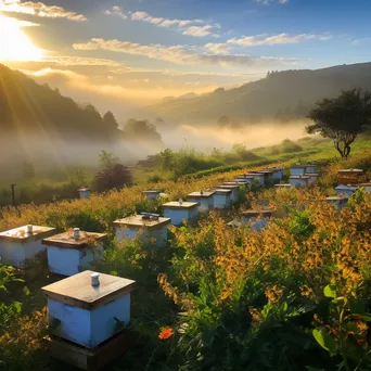 Rolling hills with traditional apiaries at sunrise, surrounded by flowers and bees. - Image 3