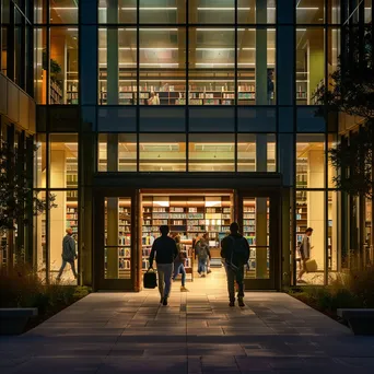 The exterior of a library glowing with lights during the evening. - Image 1