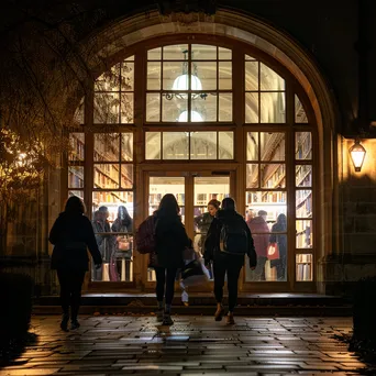 The exterior of a library glowing with lights during the evening. - Image 3