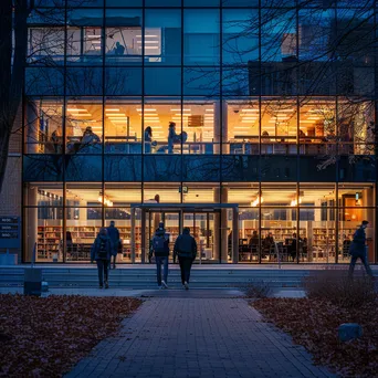 The exterior of a library glowing with lights during the evening. - Image 4