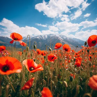 Poppy field with distant mountains under clear blue sky. - Image 2