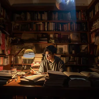 Student studying in a cozy room filled with books and personal items. - Image 2