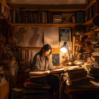 Student studying in a cozy room filled with books and personal items. - Image 4